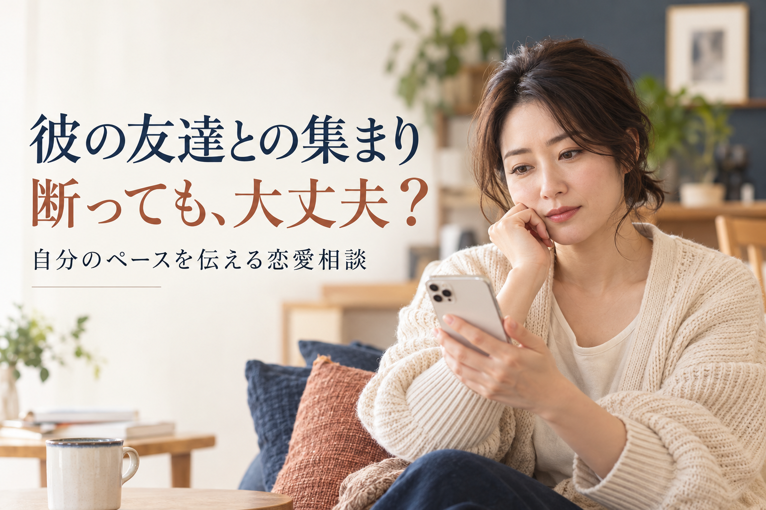 彼の友達との集まりを断れず悩む35歳女性のAI生成イメージ