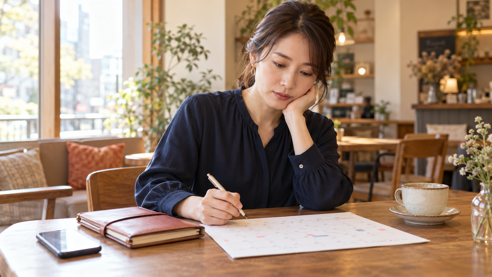 異動後の予定を手帳で整理する30代女性