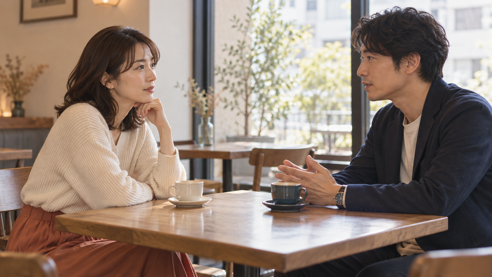 異動前の連絡や会う約束をカフェで相談する男女