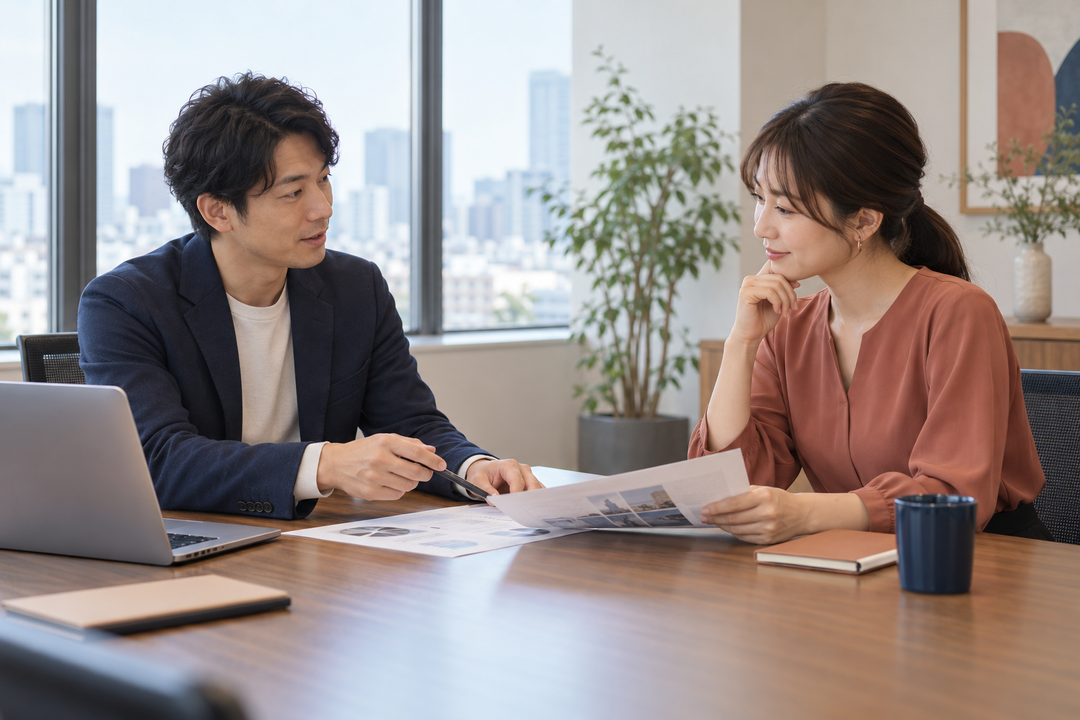 職場で適切な距離を保って資料について話す男女