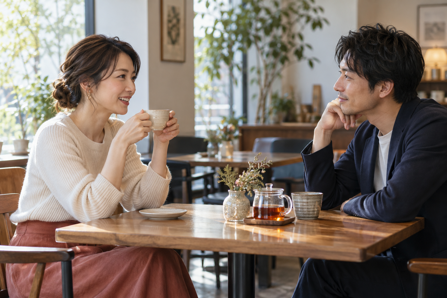 仕事の後にカフェで穏やかに言葉を交わす男女