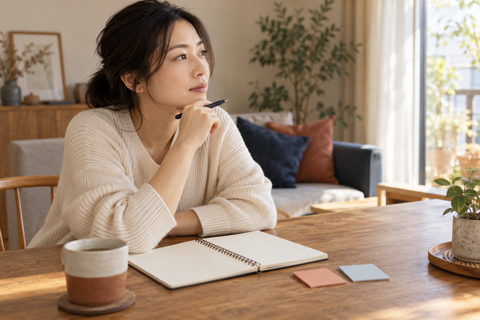 職場と私生活の話し方をノートで整理する女性
