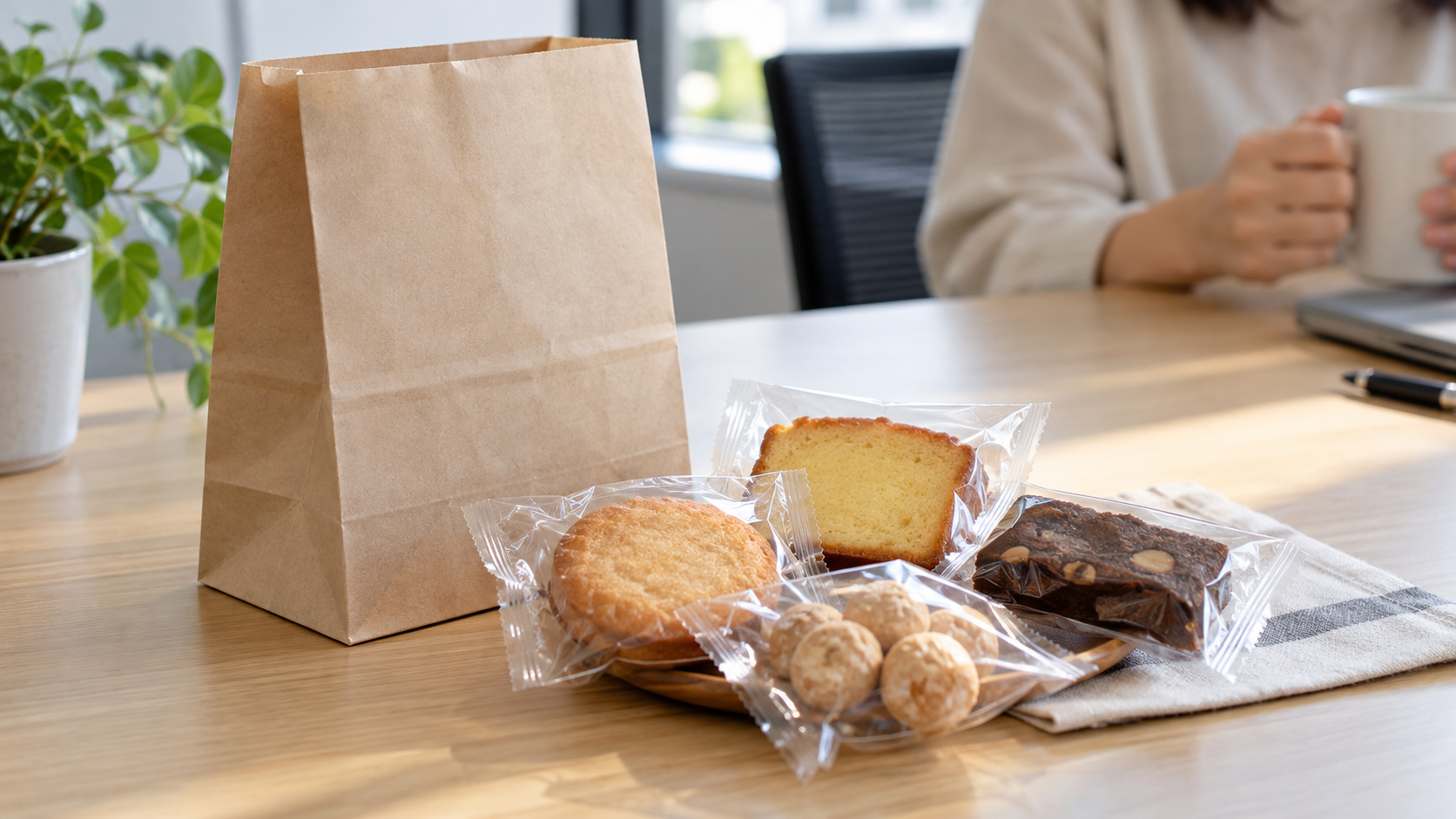 職場の休憩用テーブルに置かれた少量の個包装菓子のAI生成イメージ