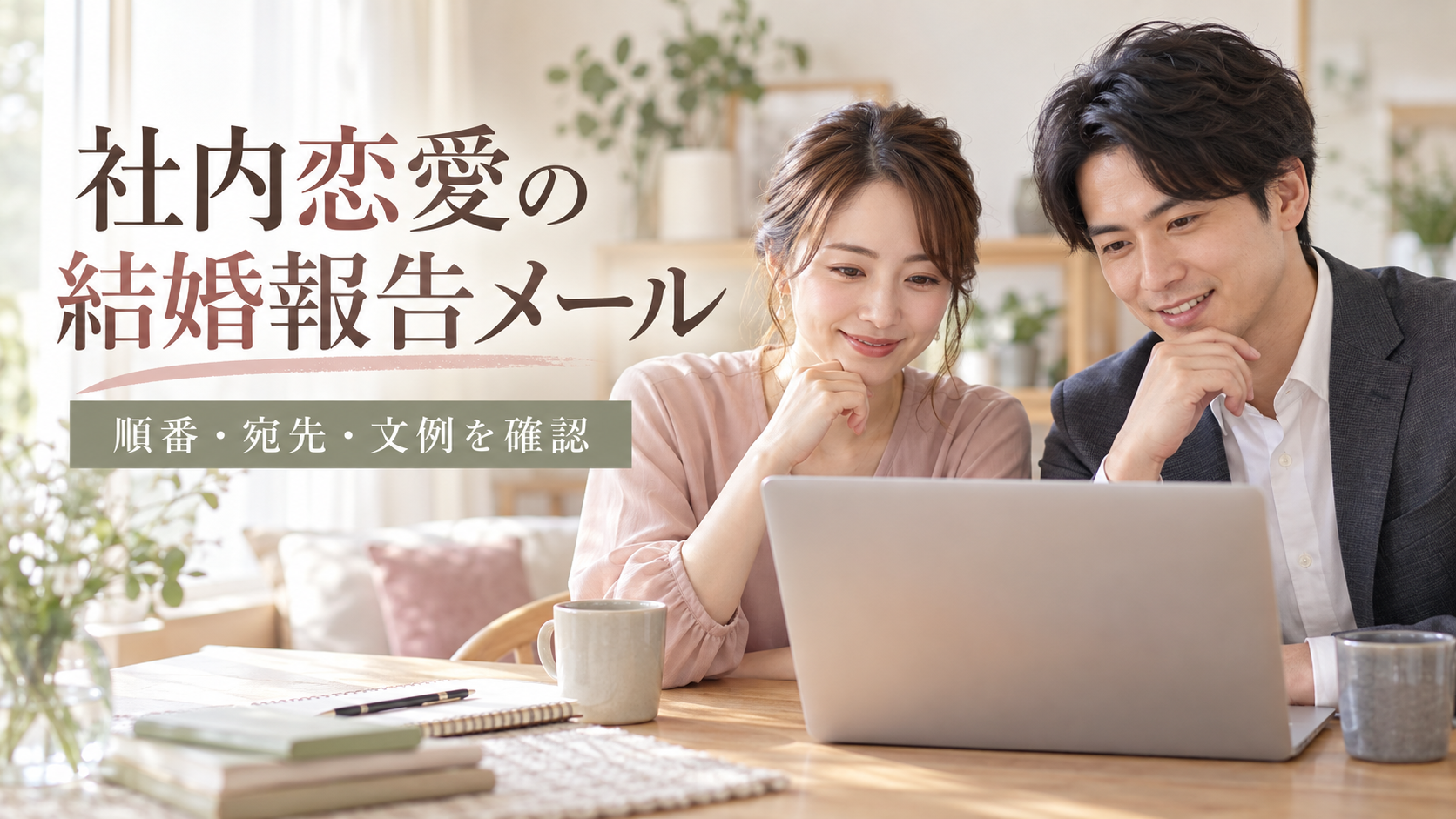 社内恋愛の結婚報告メールを準備する男女と見出しの文字があるAI生成イメージ