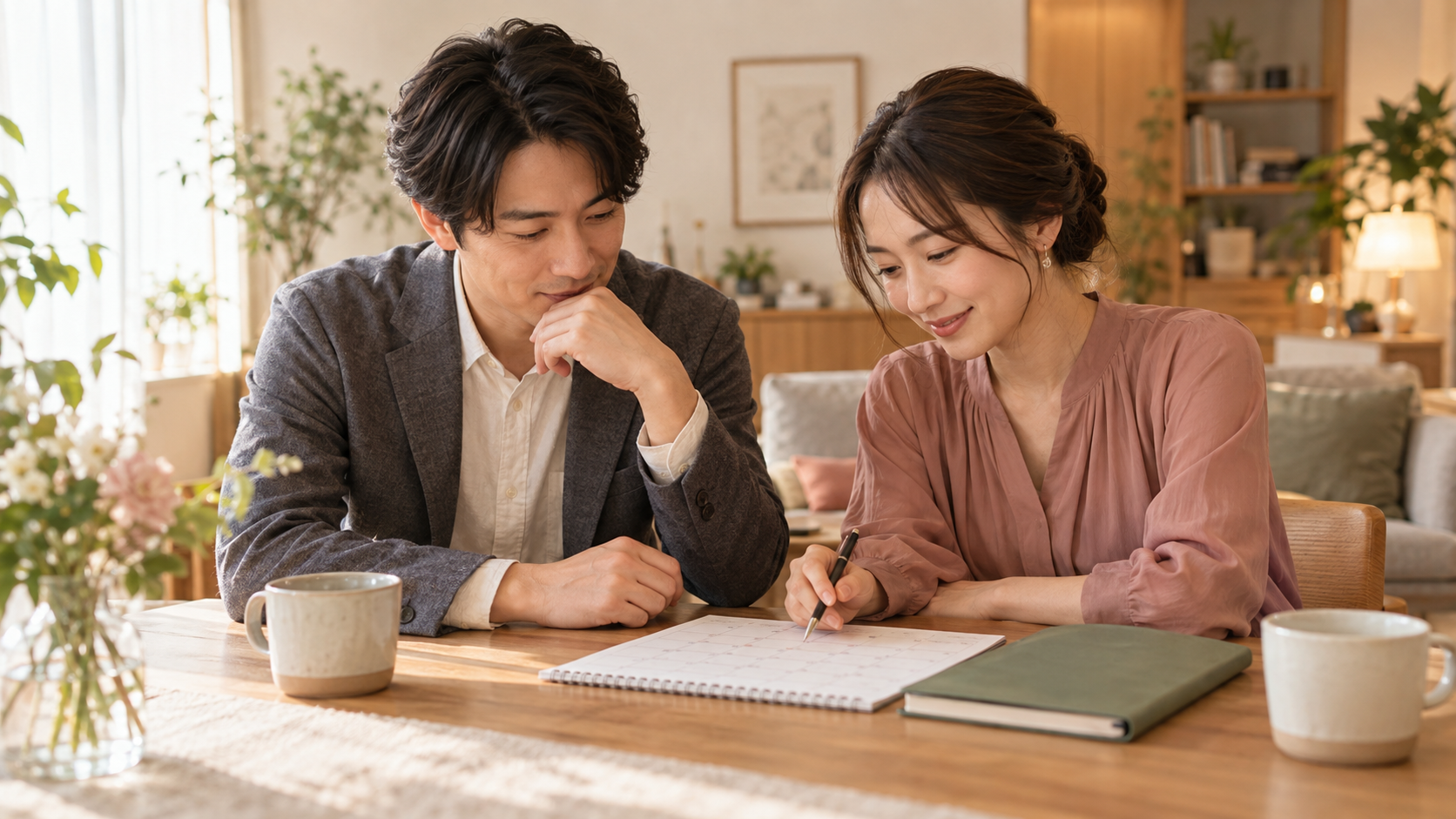 二人でカレンダーを見ながら職場への報告時期を相談するAI生成イメージ