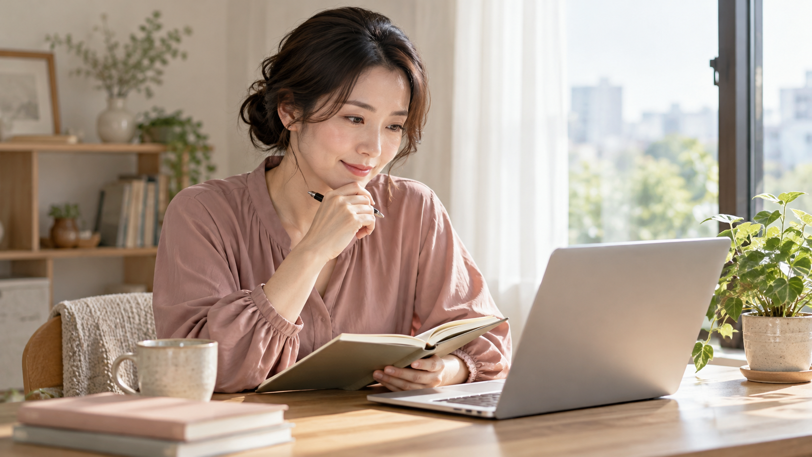 ノートとパソコンで送信前の情報を確認する女性のAI生成イメージ