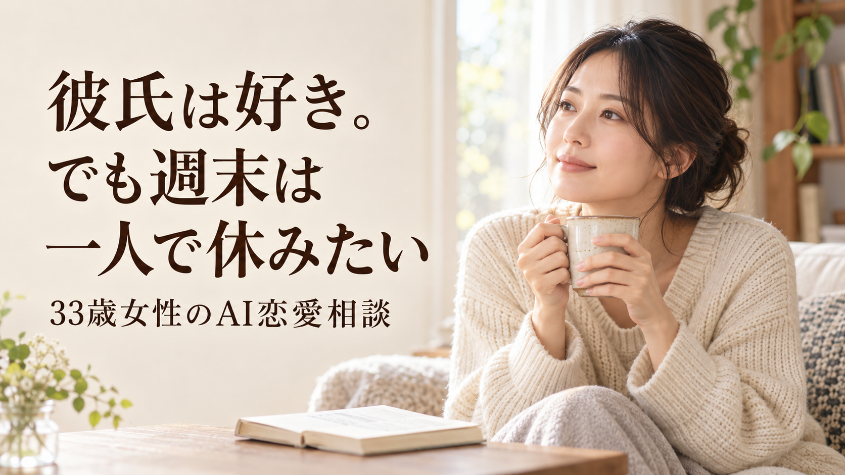 自宅でお茶を飲む33歳の女性と「彼氏は好き。でも週末は一人で休みたい」の文字を配置したAI生成イメージ