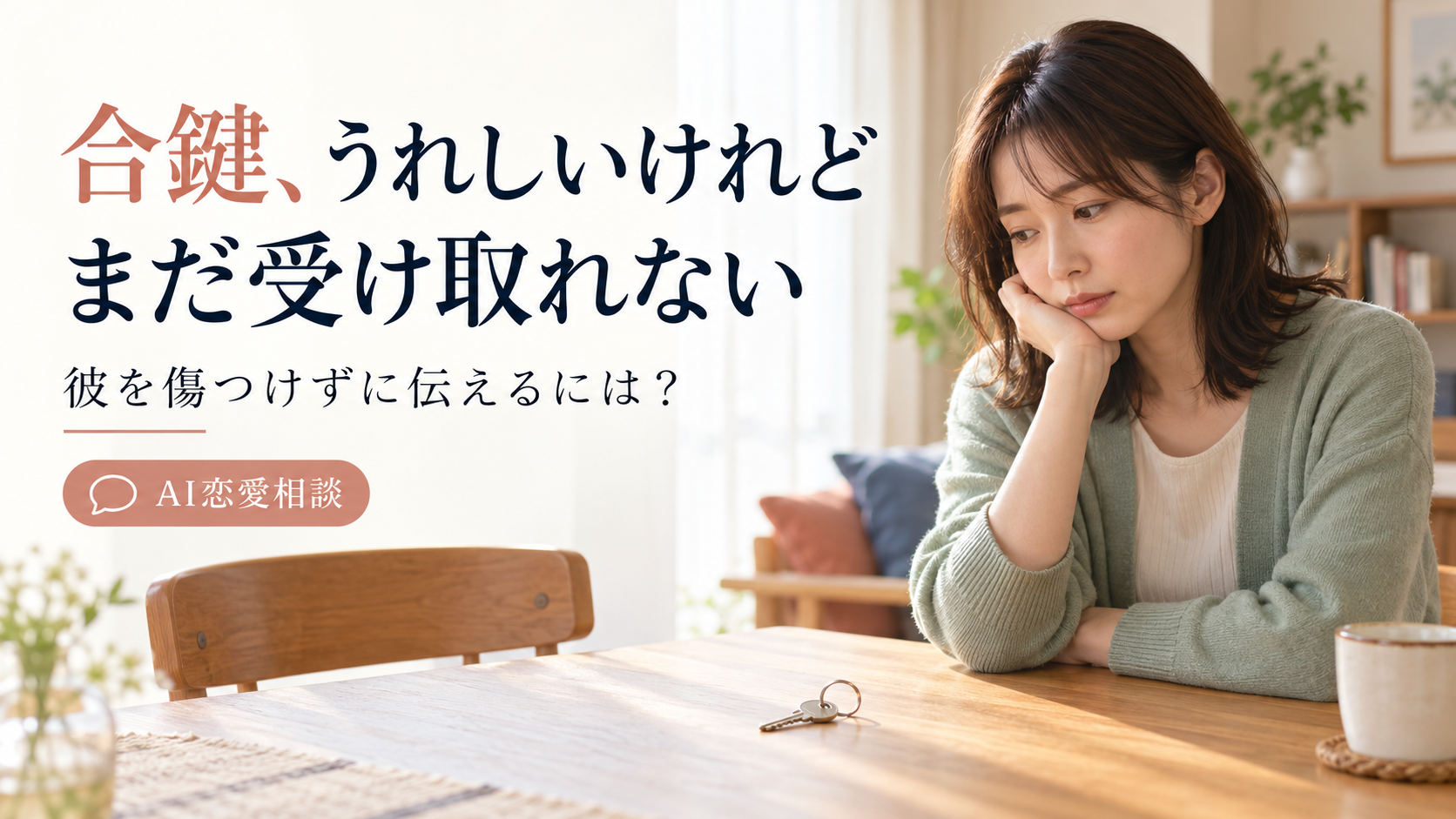 合鍵を前に自分の気持ちを考える35歳女性のAI生成画像