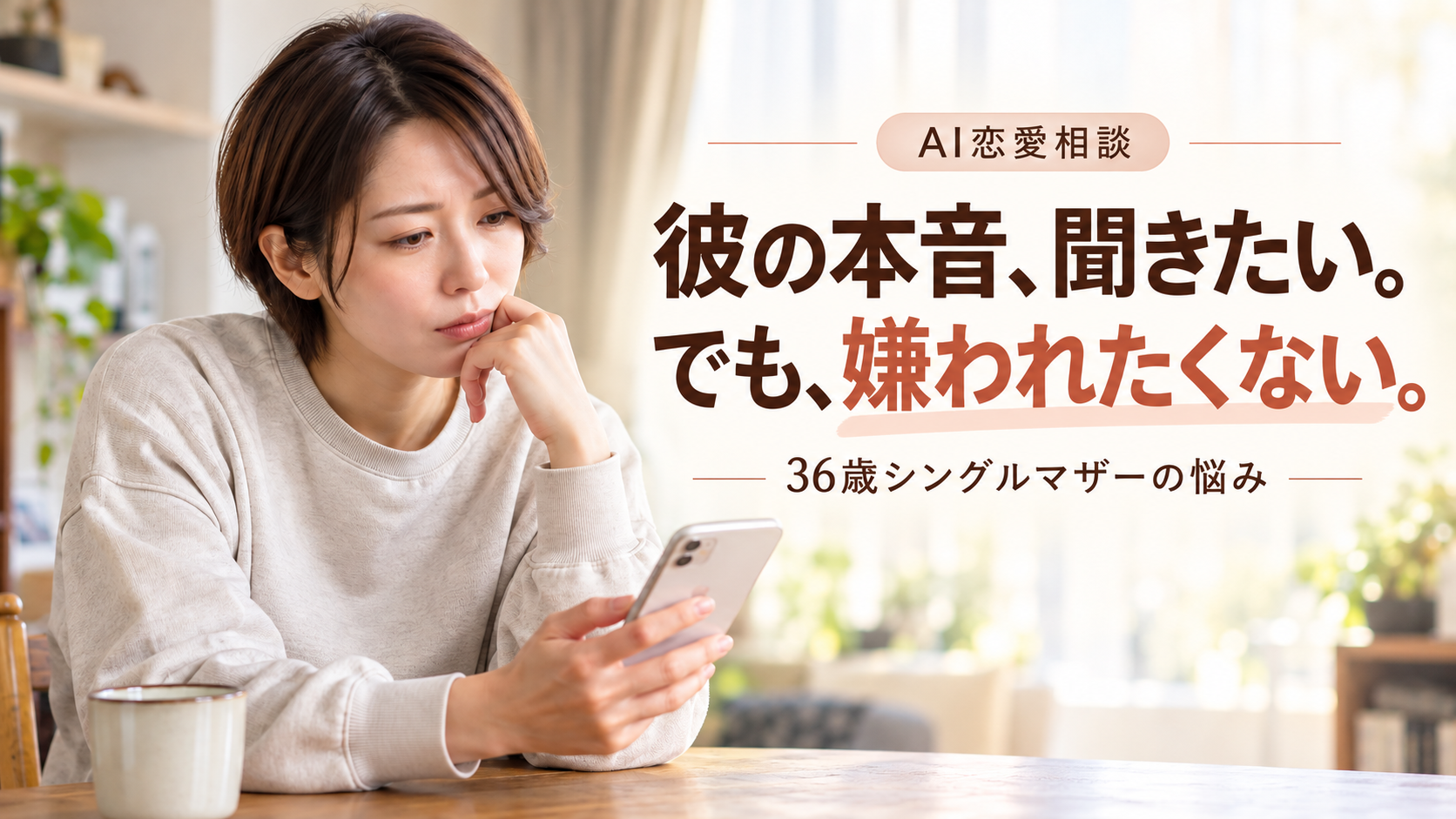 彼の本音を聞きたいけれど嫌われたくないと悩み、スマートフォンを見つめる女性のAI生成画像