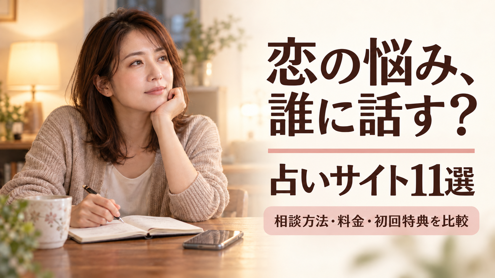 恋の悩みを話せる占いサイト11選。相談方法・料金・初回特典を比較する記事のAI生成アイキャッチ画像