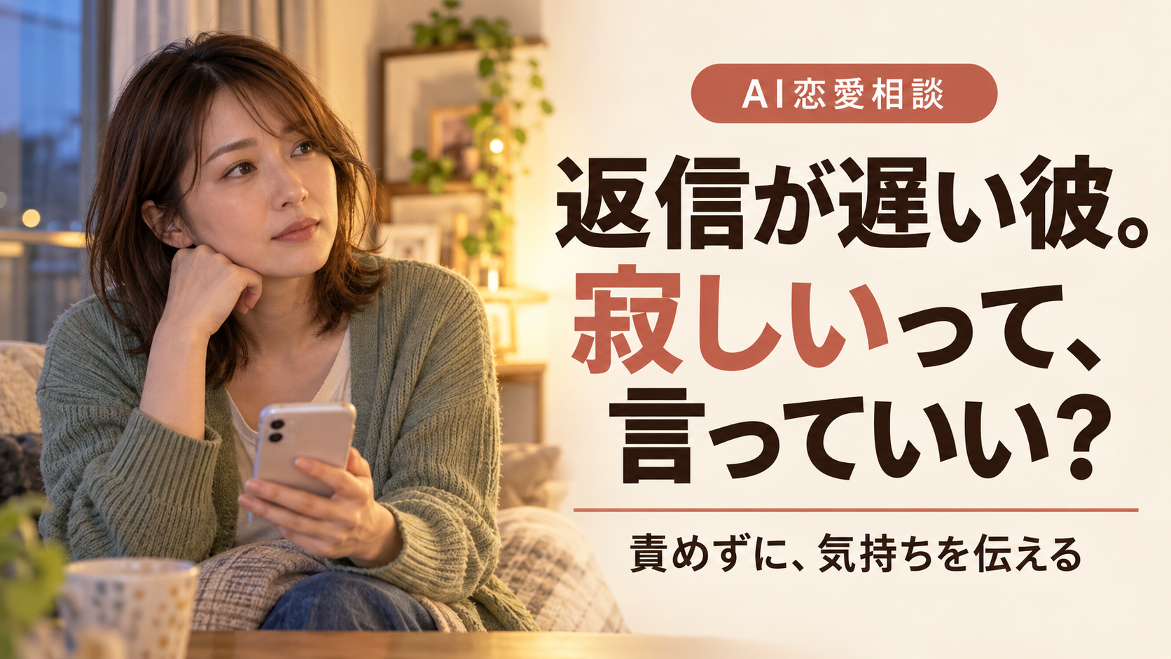 返信が遅い彼に「寂しい」と言えない｜35歳女性のAI恋愛相談を表現した女性のAI生成画像