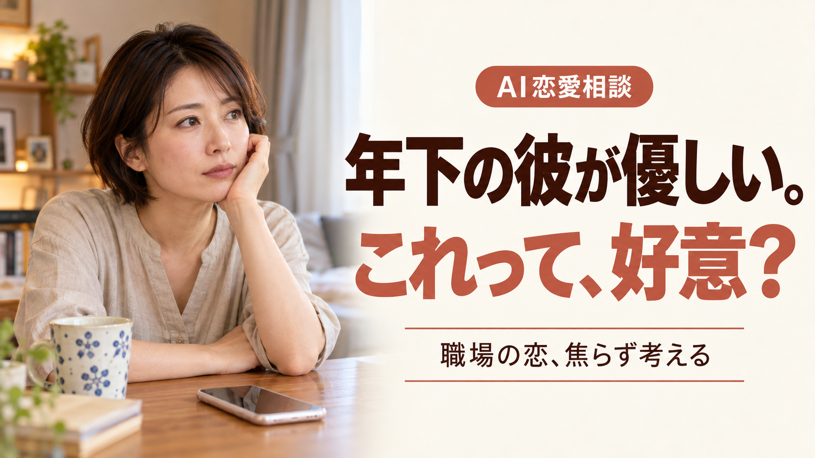 職場の年下男性が優しい。好意だと思ってもいい？｜37歳女性のAI恋愛相談を表現した女性のAI生成画像