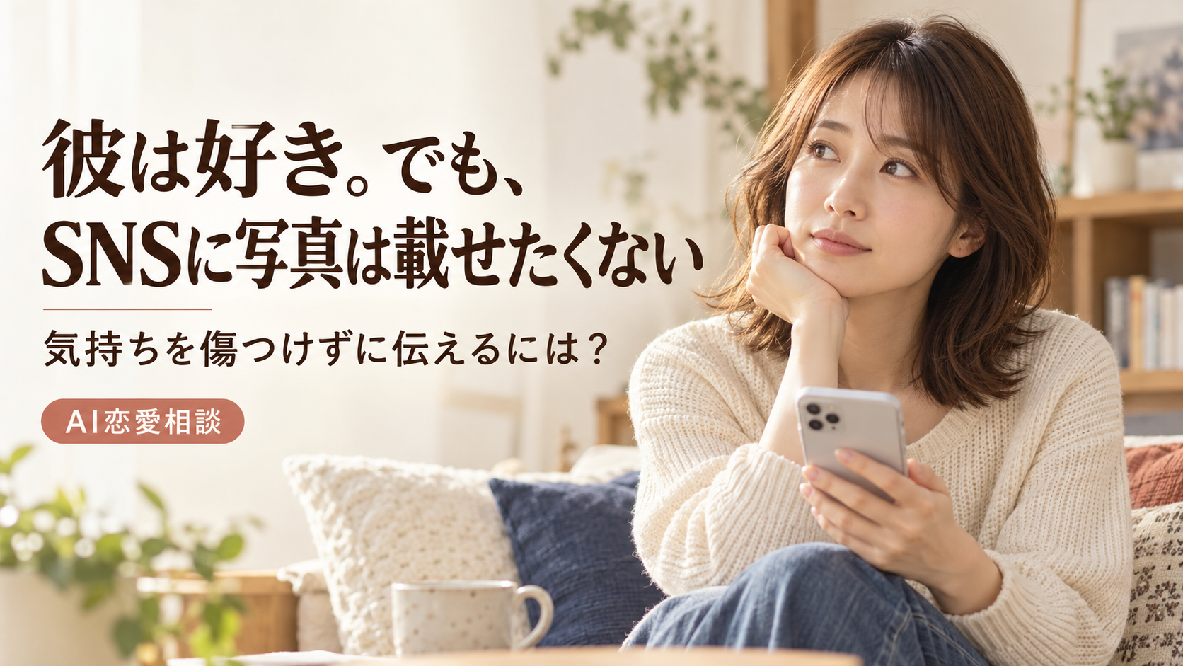 SNSへの写真掲載について考える34歳女性を描いたAI生成画像
