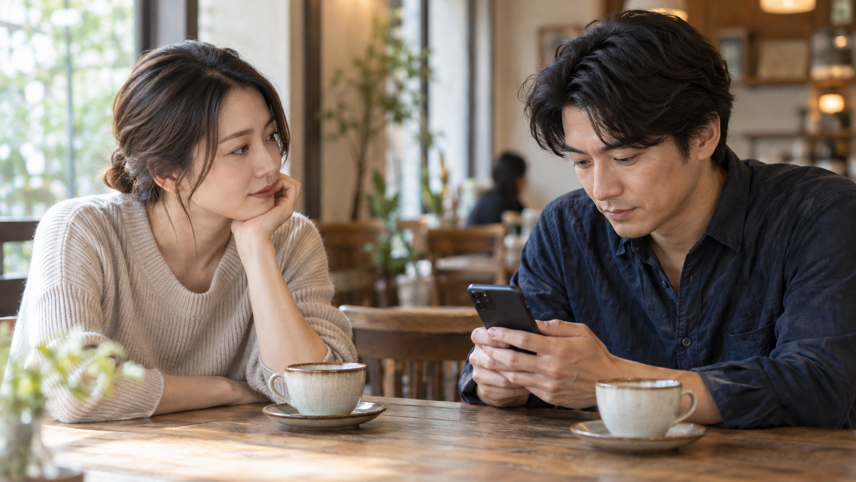 カフェでスマートフォンを見る彼と、向かいで考える女性のAI生成イメージ