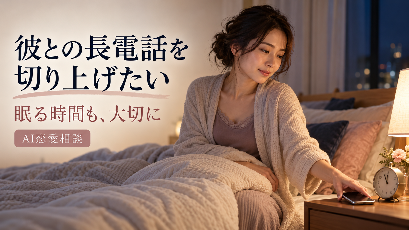 就寝前にスマートフォンを置く女性と「彼との長電話を切り上げたい」の文字があるAI生成イメージ