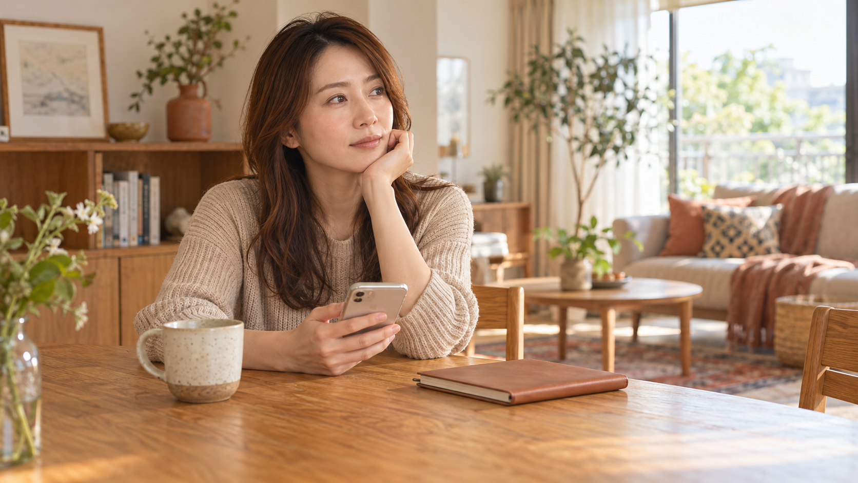 スマートフォンを見ながら返事を考える30代女性