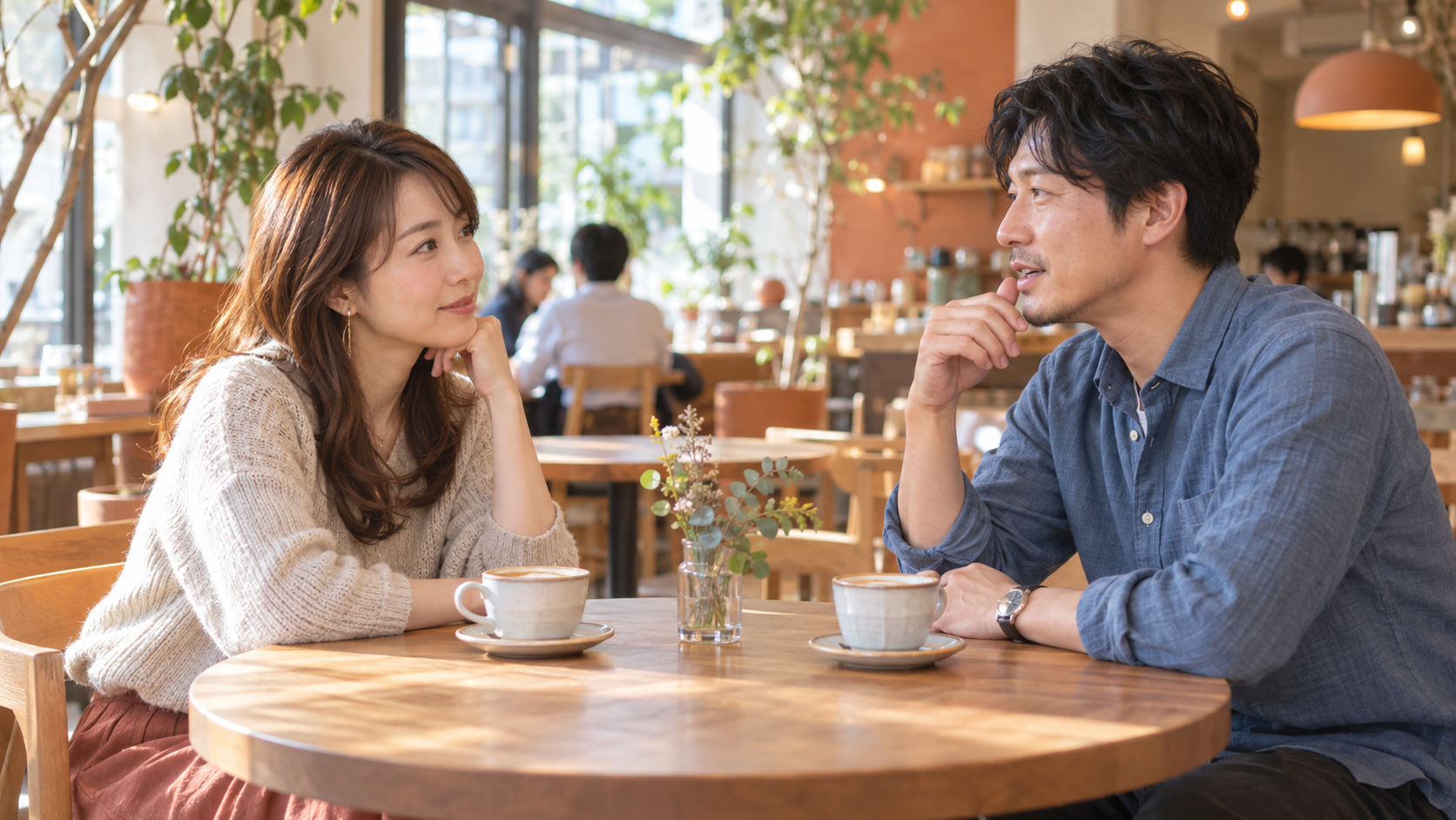 明るいカフェで落ち着いて話し合う30代の男女