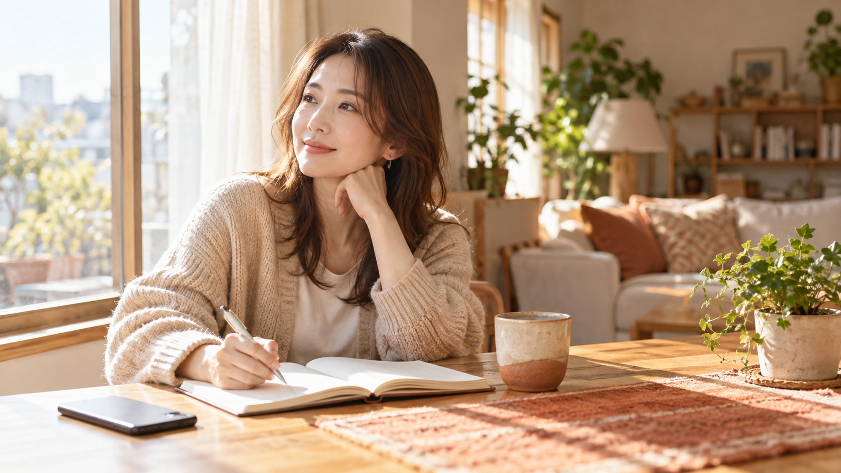 スマートフォンを伏せてノートに気持ちを書き出す女性