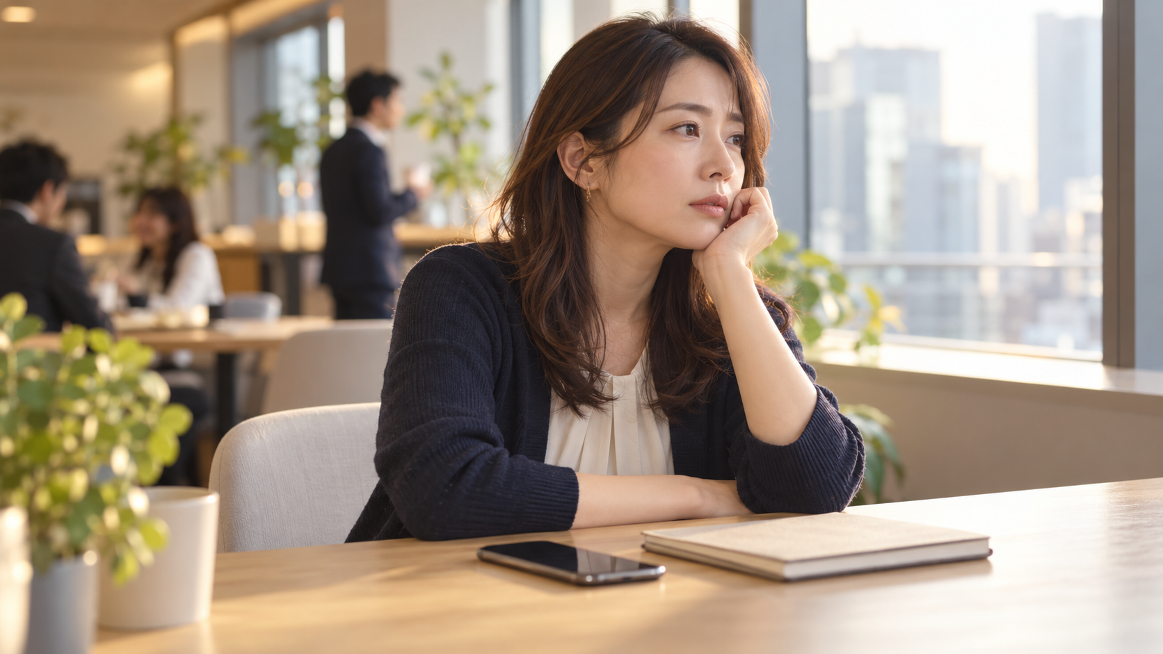 職場で恋愛の悩みを抱えて考える女性