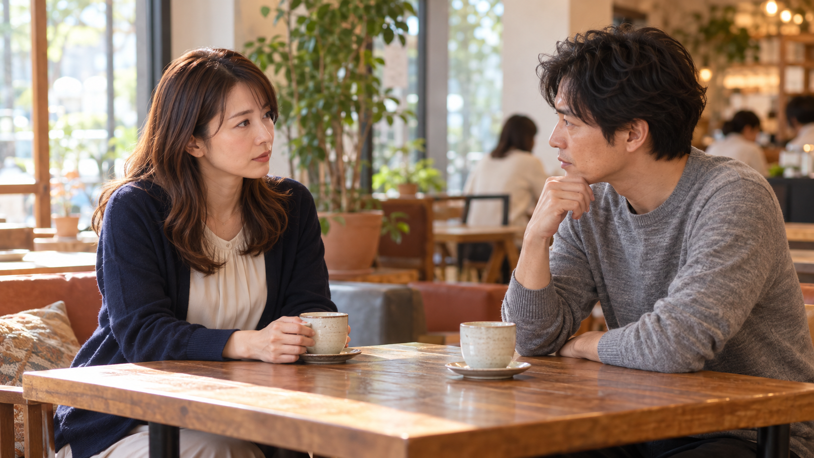 職場以外のカフェで落ち着いて話し合う男女