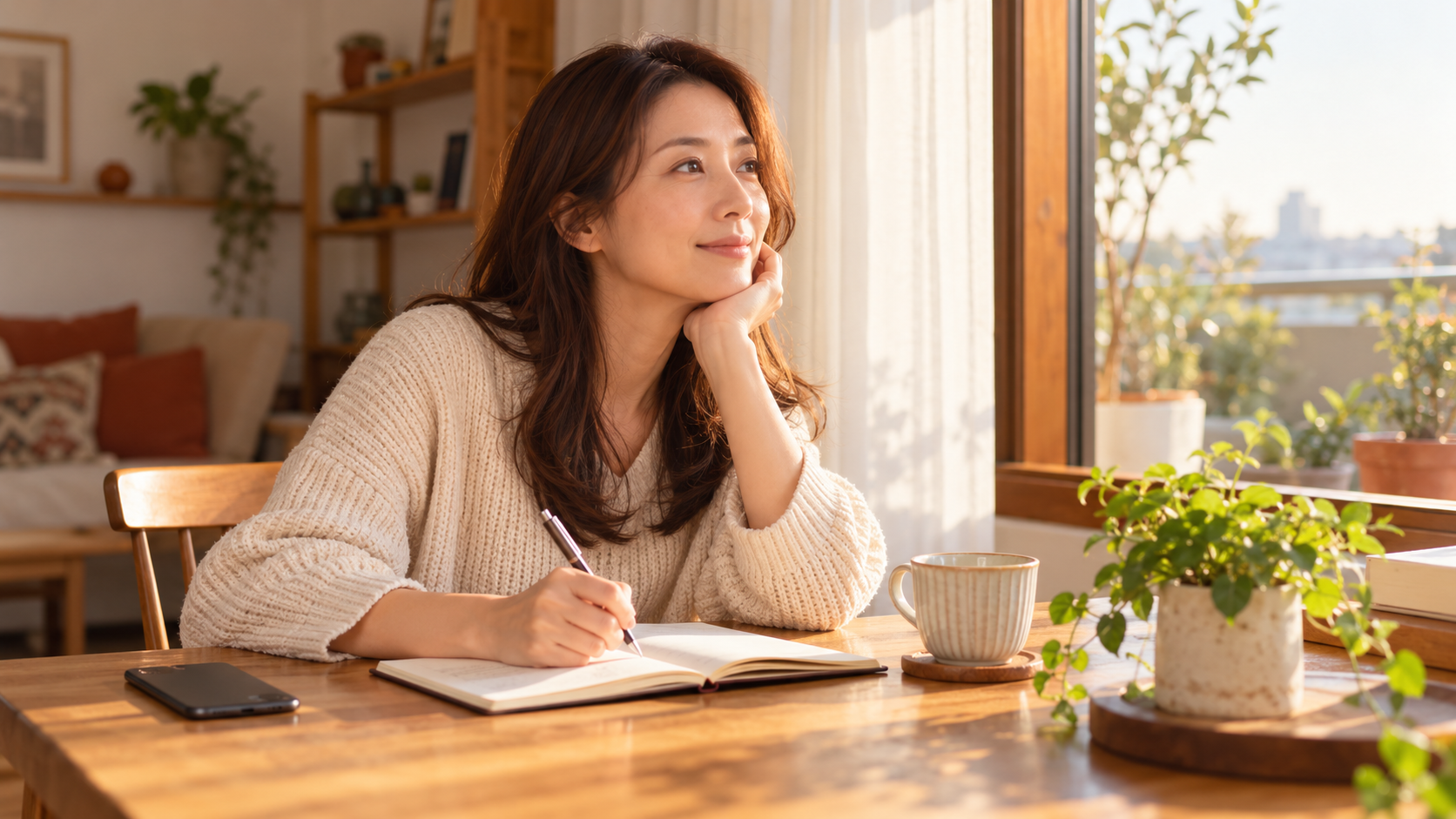 自宅でノートに希望を書き出す女性