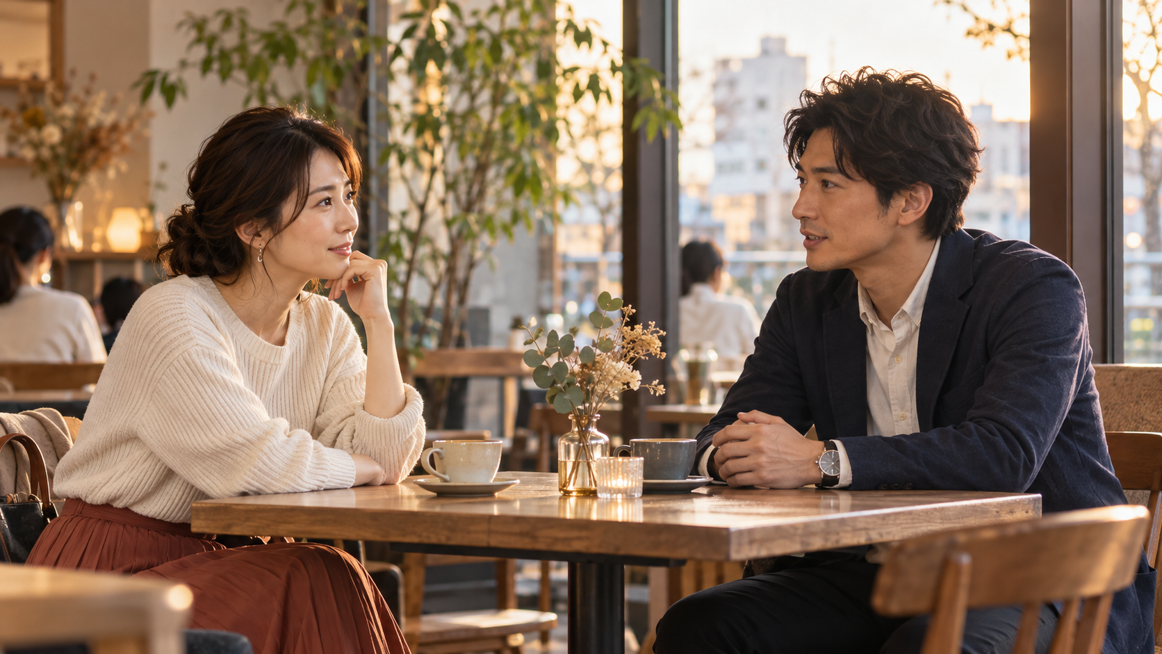 職場の外のカフェで向き合って話す男女のAI生成画像