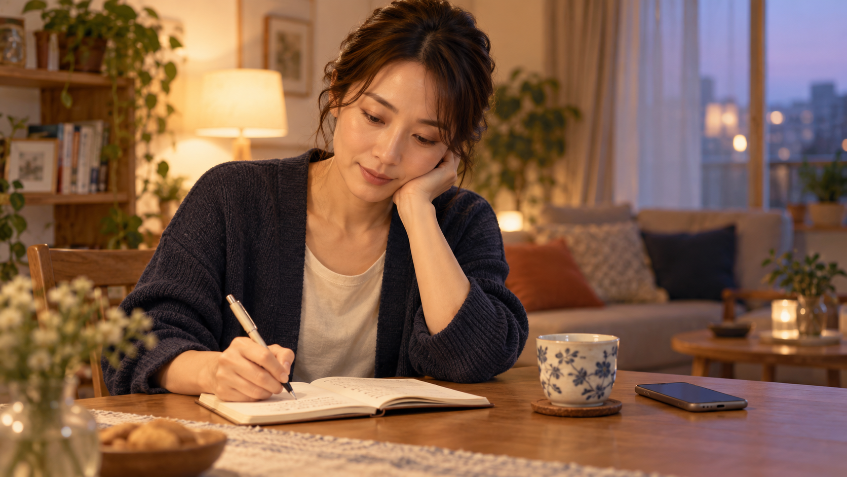 告白する前に自宅で気持ちを書き出す女性のAI生成画像