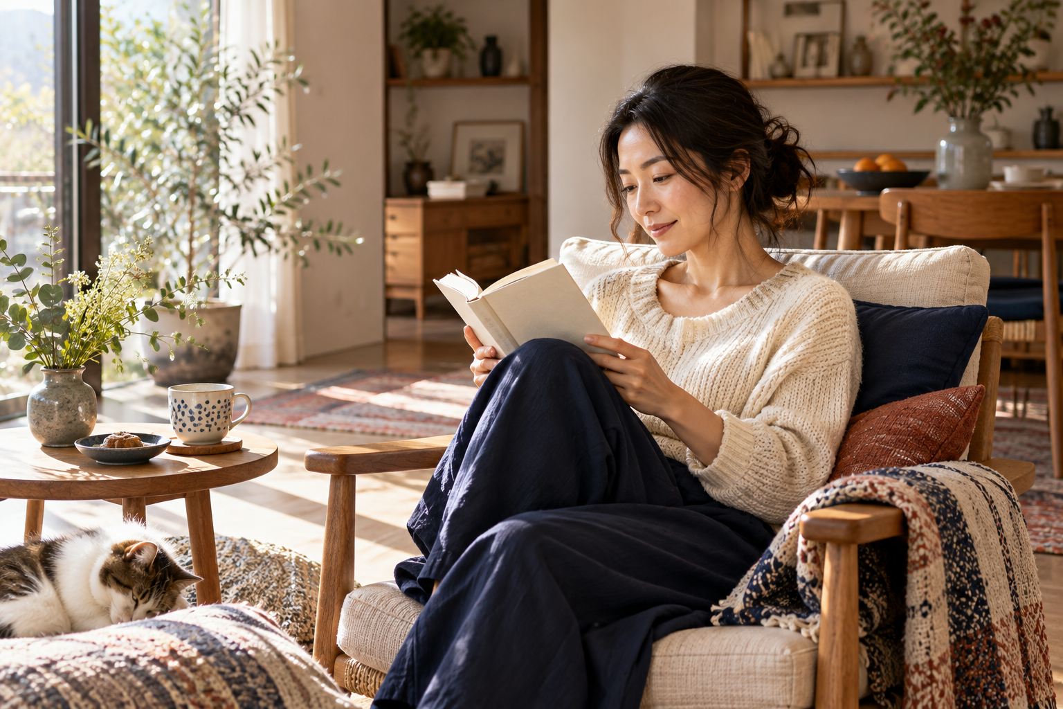 休日に自宅で本を読み、自分の時間を過ごす女性